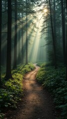 Path Through Dark Forest with Light Ahead Spiritual Journey