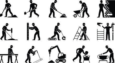 Obraz premium Collection of construction worker silhouettes performing various manual labor tasks and operating equipment