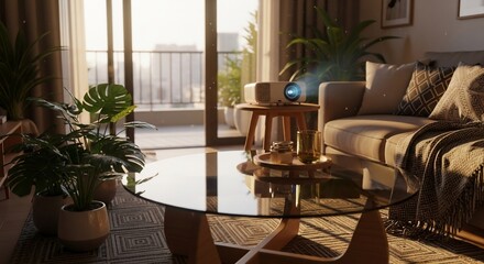 Modern Living Room with Projector and Plants