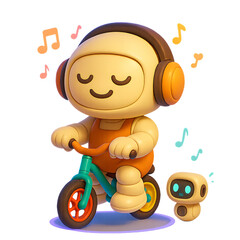 3D cartoon robot standing with closed eyes, bobbing head to music, wearing oversized headphones, floating musical notes, doing cycling
