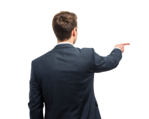 Businessman in Suit Pointing Right from Back View isolated on a transparent background