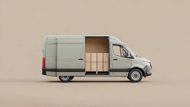 Delivery van open door cargo with cardboard box on beige pallet inside