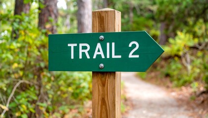 Green trail marker sign, indicating Trail 2, points right on a wooden post