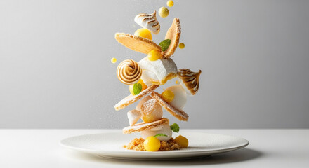 Abstract airborne lemon meringue pie elements forming a visually striking dessert sculpture with powdered sugar dust and minimalistic plate presentation
