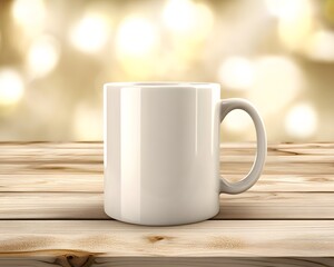 Blank White Coffee Mug on Wooden Table with Bokeh Background