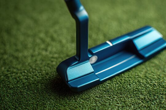 Close-up of a blue golf putter on green grass