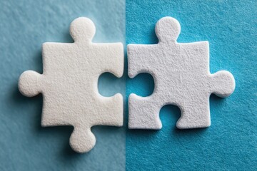 Obraz premium Two white puzzle pieces, joined, on a light blue and darker blue background