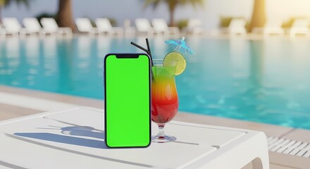 Smartphone with a green screen and a tropical cocktail by a sunny resort swimming pool.