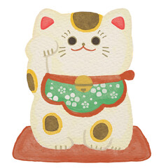 Watercolor Maneki-neko cat with its right paw raised on drawing paper