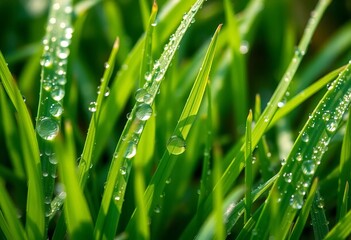 Obraz premium Macro shot of vibrant green grass blades glistening with fresh morning dew after a rain shower, environmentally friendly, stem