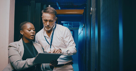 Tablet, team and people in data center for cybersecurity, system upgrade or IT. Discussion, tech and engineer in server room for network diagnostics, planning maintenance or ai training with mentor