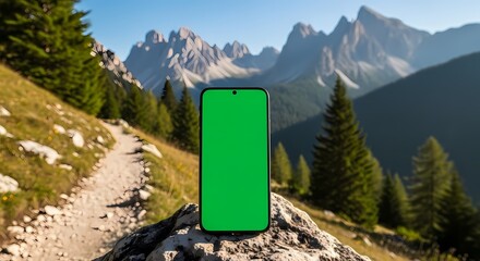 A smartphone with a vibrant green screen rests on a rock along a winding mountain path, set against a backdrop of majestic peaks and a clear blue sky.