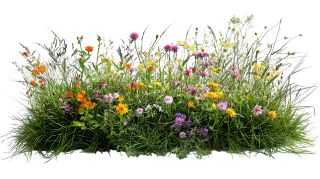 a bush made with grass and wildflowers isolated on a transparent background