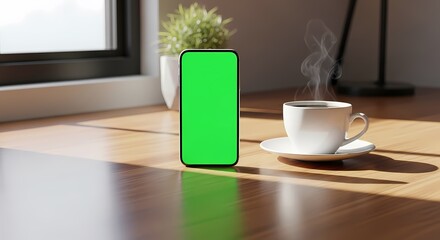 Modern smartphone with a green screen standing next to a steaming coffee cup on a sunlit wooden desk.