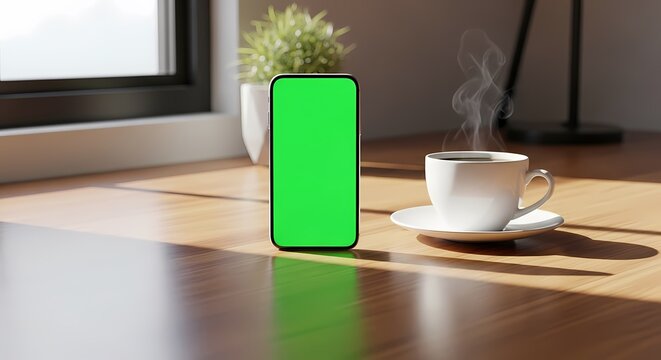 Modern smartphone with a green screen standing next to a steaming coffee cup on a sunlit wooden desk.
