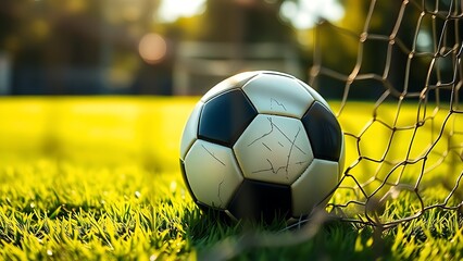 Soccer ball nestled in the net against a lush green field, capturing a moment of victory.