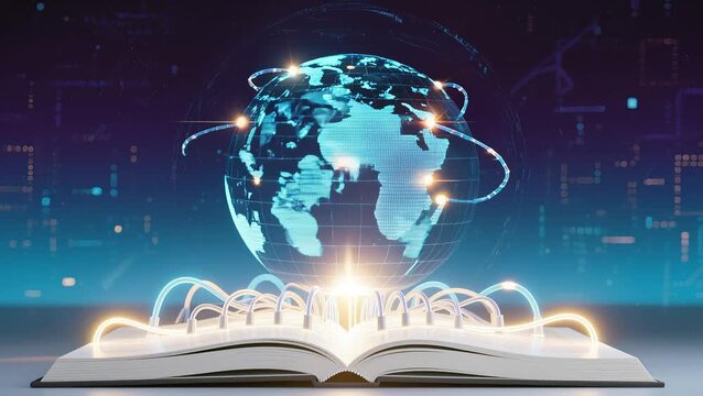 Rotating digital globe rising from an open book with glowing connections linking continents, symbolizing global education, technology learning, and universal access to knowledge.