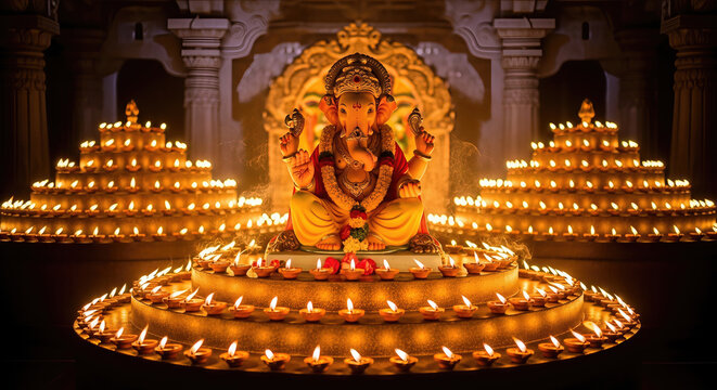 Ganpati Bappa seated amid festive oil lamps and warm bokeh