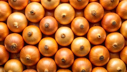 Close-up overhead shot of many uniformly sized, golden-brown onions arranged in a tightly packed pattern
