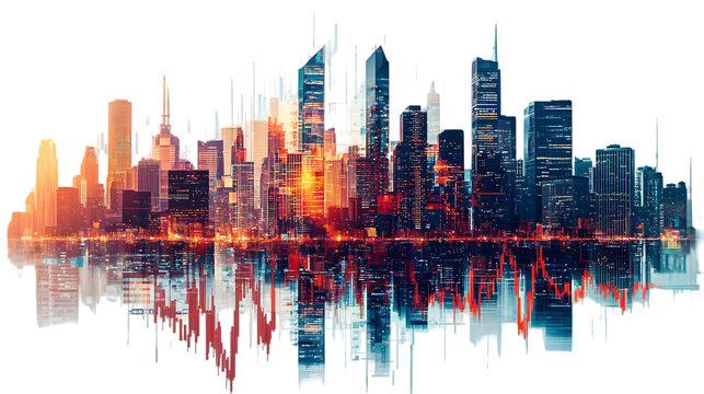 A modern city with shining forex charts isolated on a transparent background