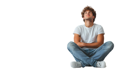 A man in jeans gazing upwards isolated on a transparent background