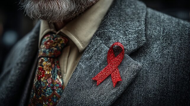 Awareness: Red ribbon on a tweed jacket, floral tie, and grey beard visible.