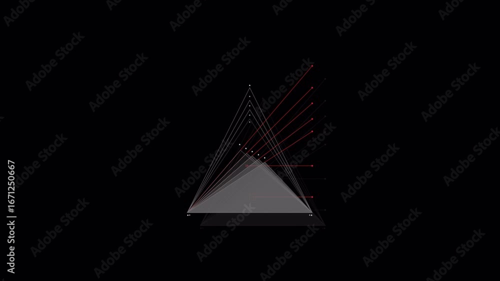 Aufkleber futuristic data visualization with animated geometric pyramid and glowing red lines on a black backg