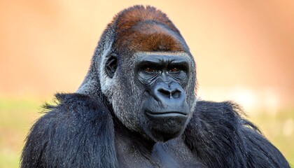 Fototapeta premium Close-up portrait of a powerful gorilla, showcasing its intense gaze and textured fur against a blurred background