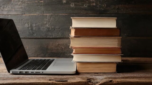 Digital Learning and Traditional Knowledge: A harmonious blend of technology and classic literature is presented, with a laptop sharing space with a stack of timeless books