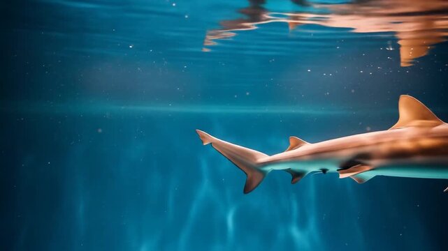 Great Shark Swimming Underwater in Blue Ocean Water with Refraction Patterns of Sunlight in Marine Environment