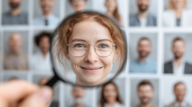 Selection process for job hunting. A magnifying glass focused on a smiling redhead businesswoman among other candidates for a vacant position. Competition for a job