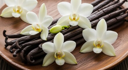 Fototapeta premium organic vanilla pods and orchid flower
