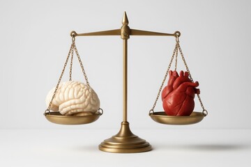 Balance scale with brain and heart on each side symbolizing logic versus emotion concept for decision making psychology coaching leadership and emotional intelligence