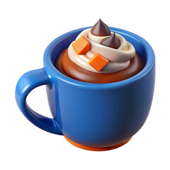 Hot Chocolate in Blue Mug with Cream and Chocolate Toppings on Transparent BG