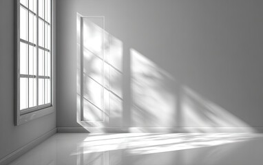 Fototapeta premium Sunlight streams into a minimalist room corner