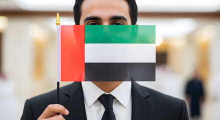 Businessman holding the uae flag in front of his face in office building
