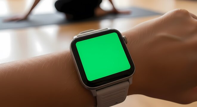 Smartwatch with green screen displays fitness data, person doing yoga in background. - Powered by Adobe