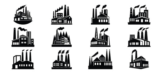 Collection of Industrial Factory and Manufacturing Plant Silhouettes with Smokestacks and Buildings