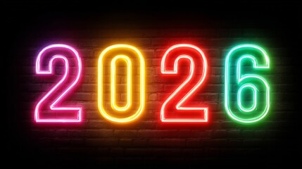Happy new year "2026"vibrant glowing typography with gradient rainbow neon festive futuristic celebration banner