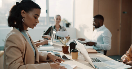 Documents, finance and report with business woman in coworking office for accounting admin....