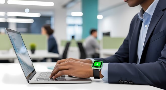 A businessman in a suit diligently typing on a laptop in a modern office environment, with a smartwatch on his wrist displaying a green screen.