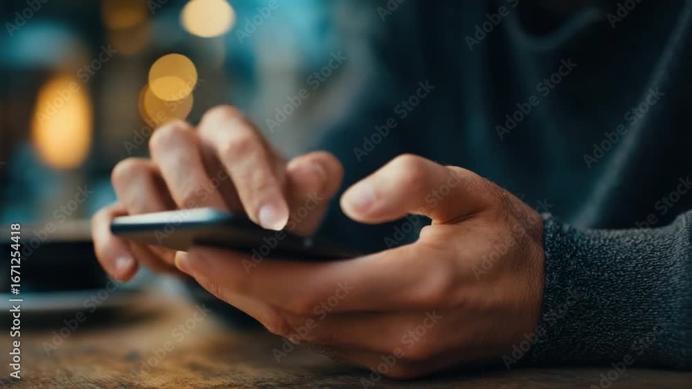 Poster digital interaction: close-up view of a person's hands interacting with a sleek smartphone, embodyin