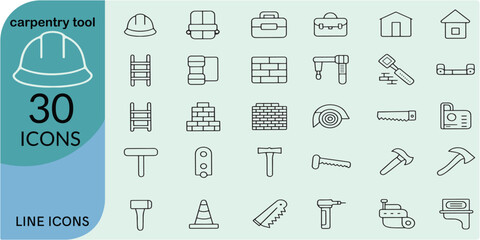 carpentry tool Line Editable Icons set. Containing toolbox, safety vest, builder, shovel trowel, hammer, screwdriver, screw, nut etc. Editable stroke. Vector illustration
