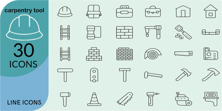 carpentry tool Line Editable Icons set. Containing toolbox, safety vest, builder, shovel trowel, hammer, screwdriver, screw, nut etc. Editable stroke. Vector illustration
