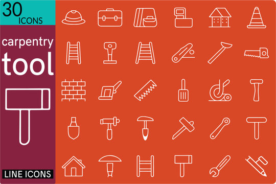 carpentry tool Line Editable Icons set. Containing toolbox, safety vest, builder, shovel trowel, hammer, screwdriver, screw, nut etc. Editable stroke. Vector illustration - Powered by Adobe