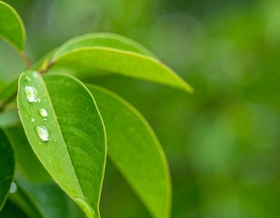 Close-up of vibrant green leaves with water droplets, blurred background