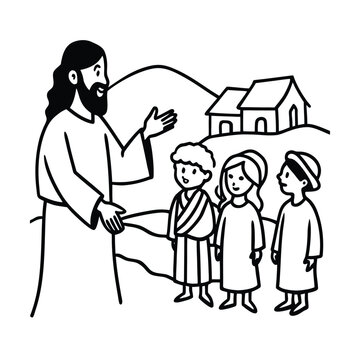 Jesus sharing parables to small village group with calm voice vector line art on white background