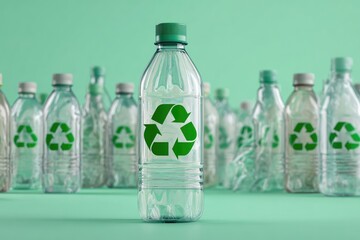 Plastic bottle with recycling symbol, surrounded by other bottles
