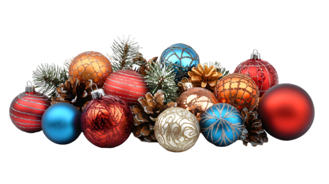 christmas border background with balls and decorations isolated on a transparent background