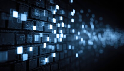 Dark wall with glowing square digital data